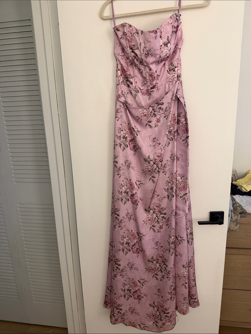 V Chapman Strapless Pink Floral Satin Evening Dress